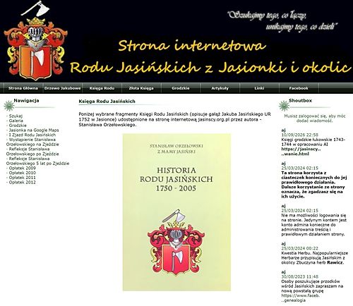 Podstrona „Księga Rodu Jasińskich” — zrzut całej strony z 13 września 2026.